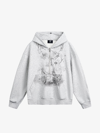 Thesupermade Detachable Fur Collar Half-zip Printed Hooded Cardigan Sweatshirt 