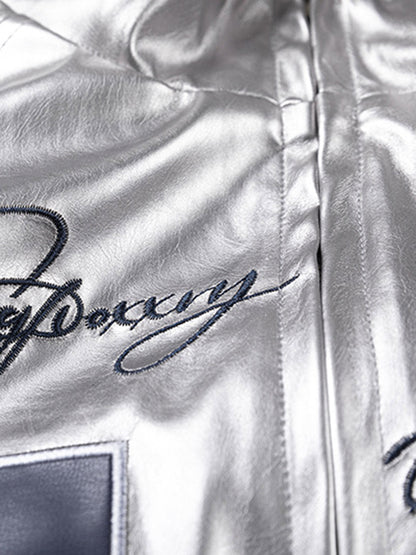 Reflective Metallic Track Jacket with Pink Accents for Sporty Elegance 