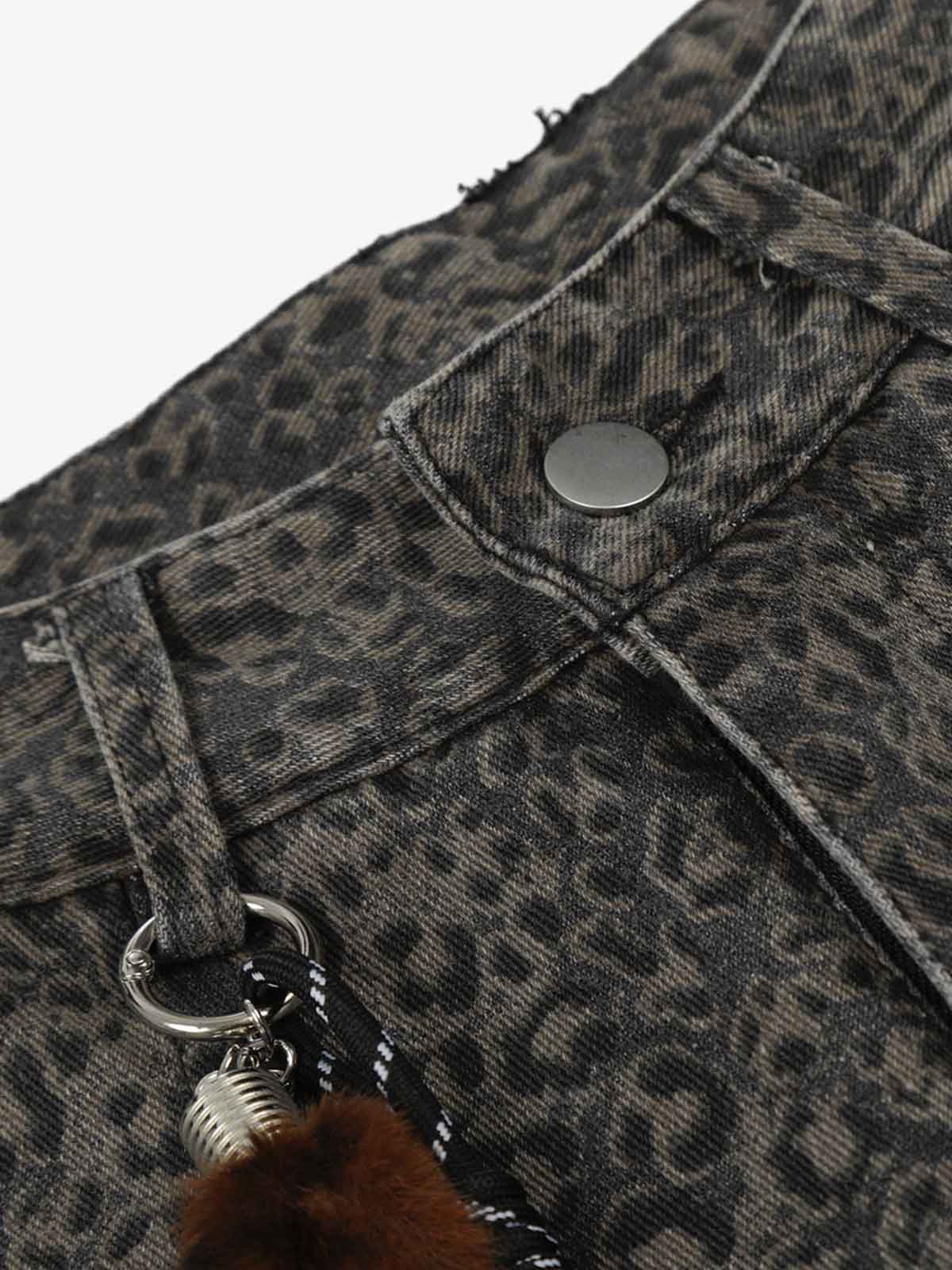 Cotton Leopard Print High-Waisted Wide-Leg Pants with Pleated Design and Decorative Tassel 