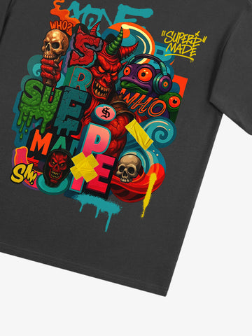 Trendy Multicolor Graffiti Skull Graphic T-Shirt 
