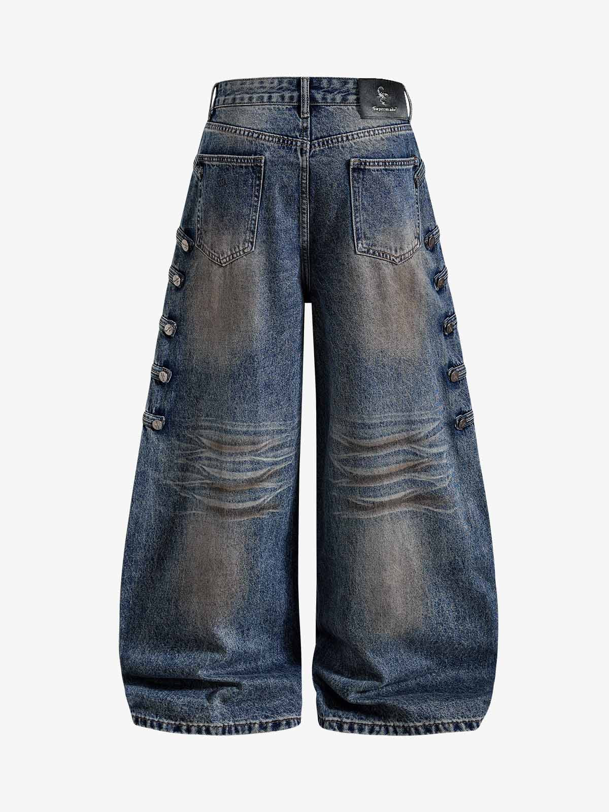 Studded Curved-Seam Washed Wide-Leg Jeans