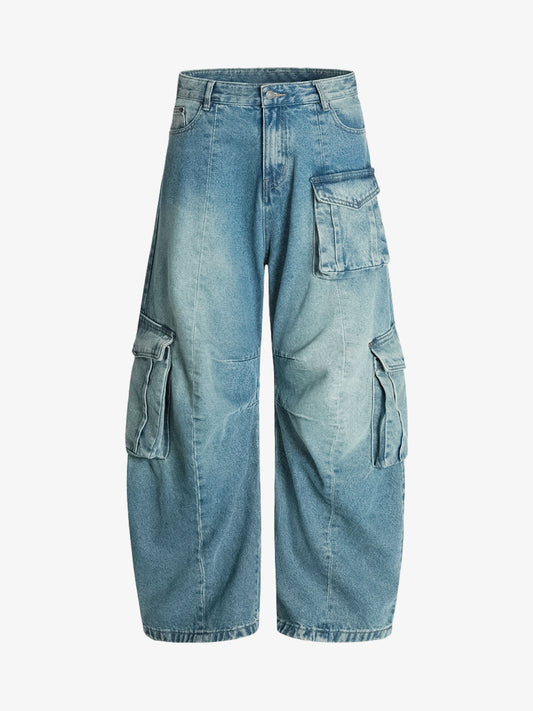 Distressed Washed Multi-Pocket Cargo Jeans 
