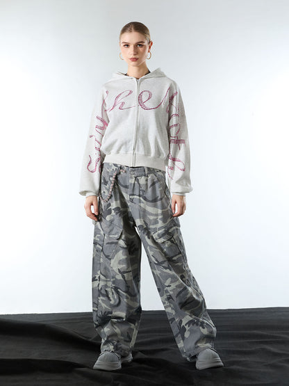 Snow Camouflage Machete Wide-Leg Cargo Barrel Pants - 2548 
