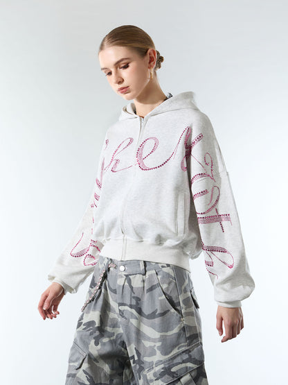 Street Hip-Hop Rhinestone Cropped Zip Up Hoodie 