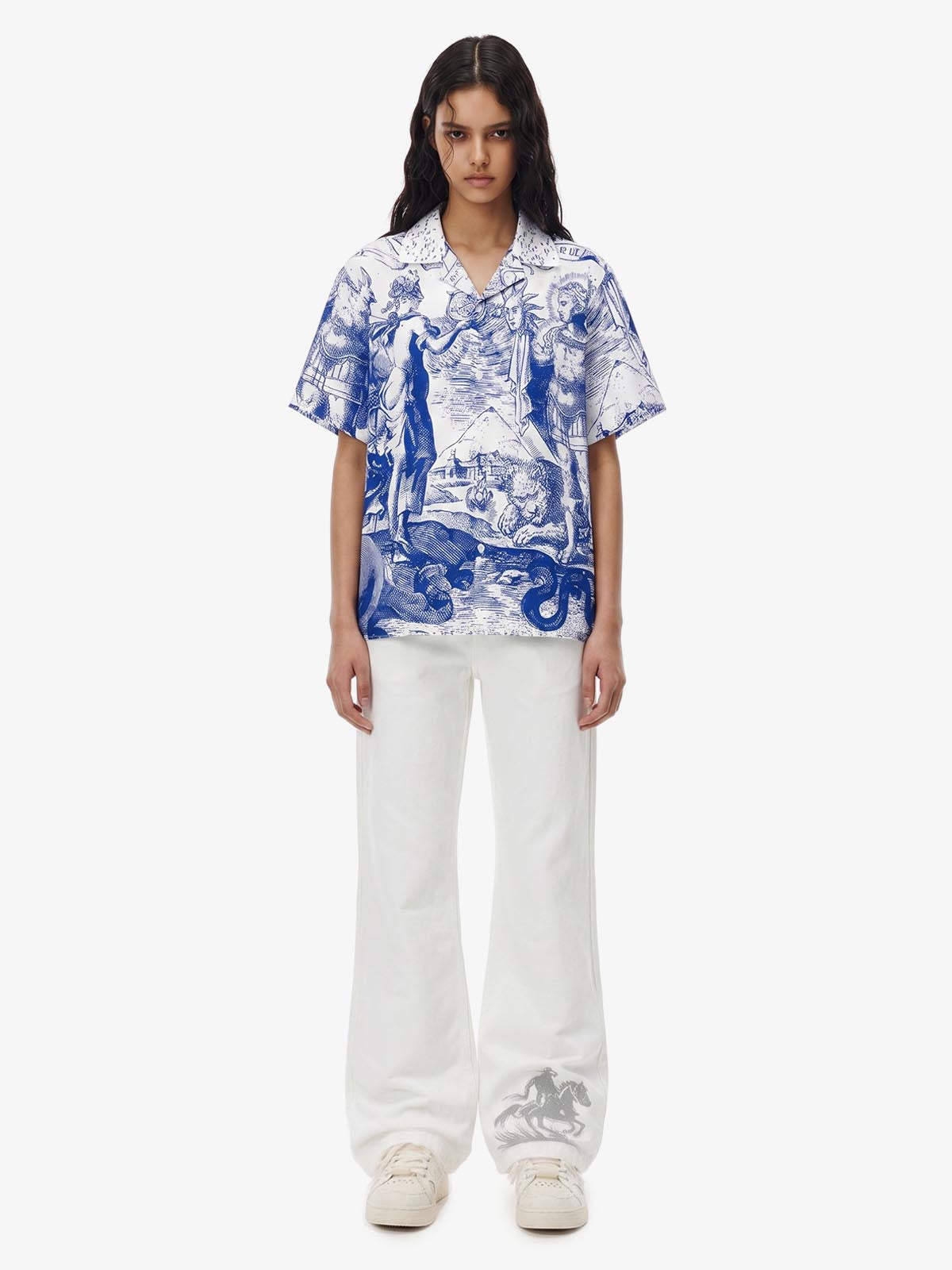 Mythological Graphic Camp Collar Boxy Shirt 