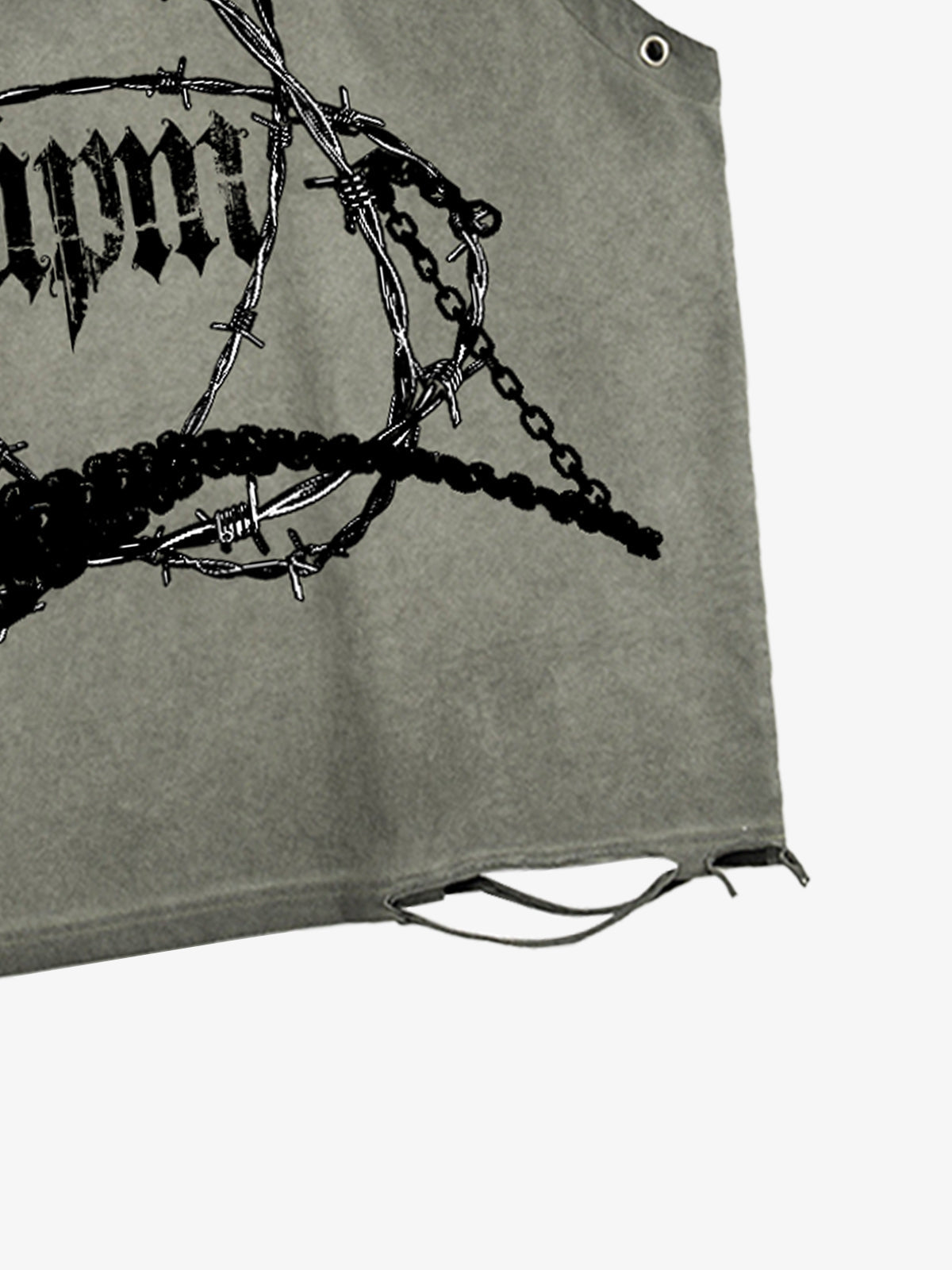 Distressed Sleeveless Crop Top with Barbed Wire Graphic Design 