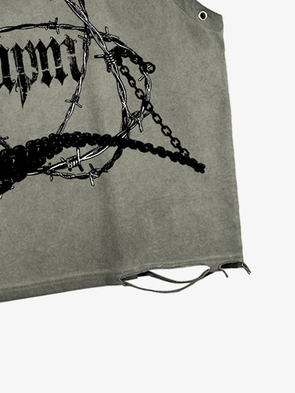 Distressed Sleeveless Crop Top with Barbed Wire Graphic Design 
