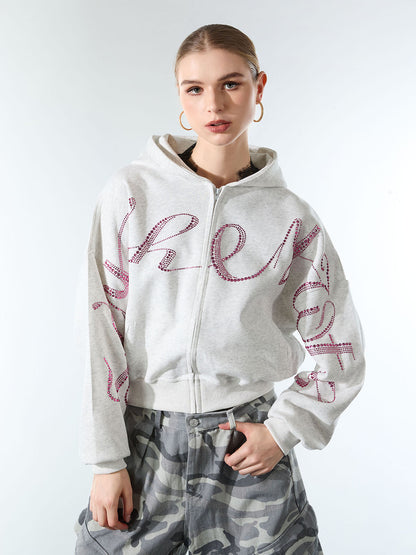 Street Hip-Hop Rhinestone Cropped Zip Up Hoodie 