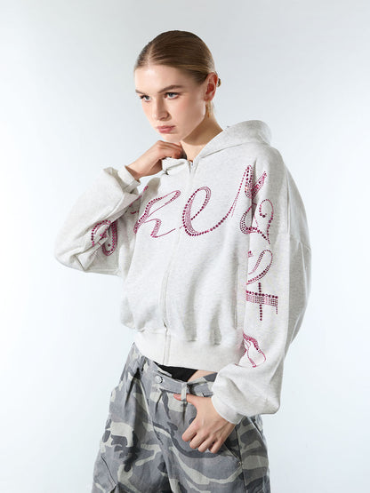 Street Hip-Hop Rhinestone Cropped Zip Up Hoodie 