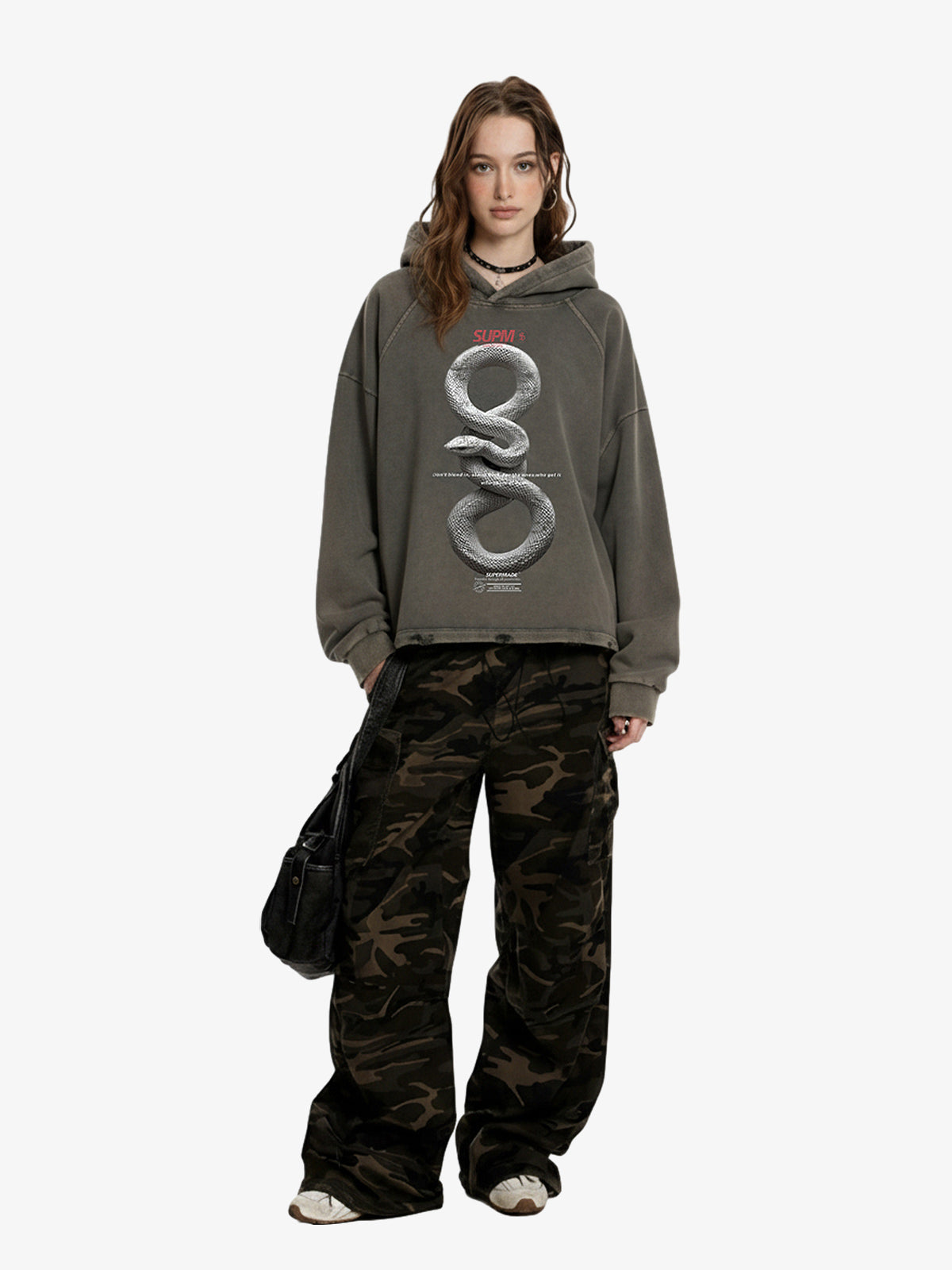 Vintage Washed Snake Appliqué Pullover Hoodie 