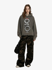 Vintage Washed Snake Appliqué Pullover Hoodie 