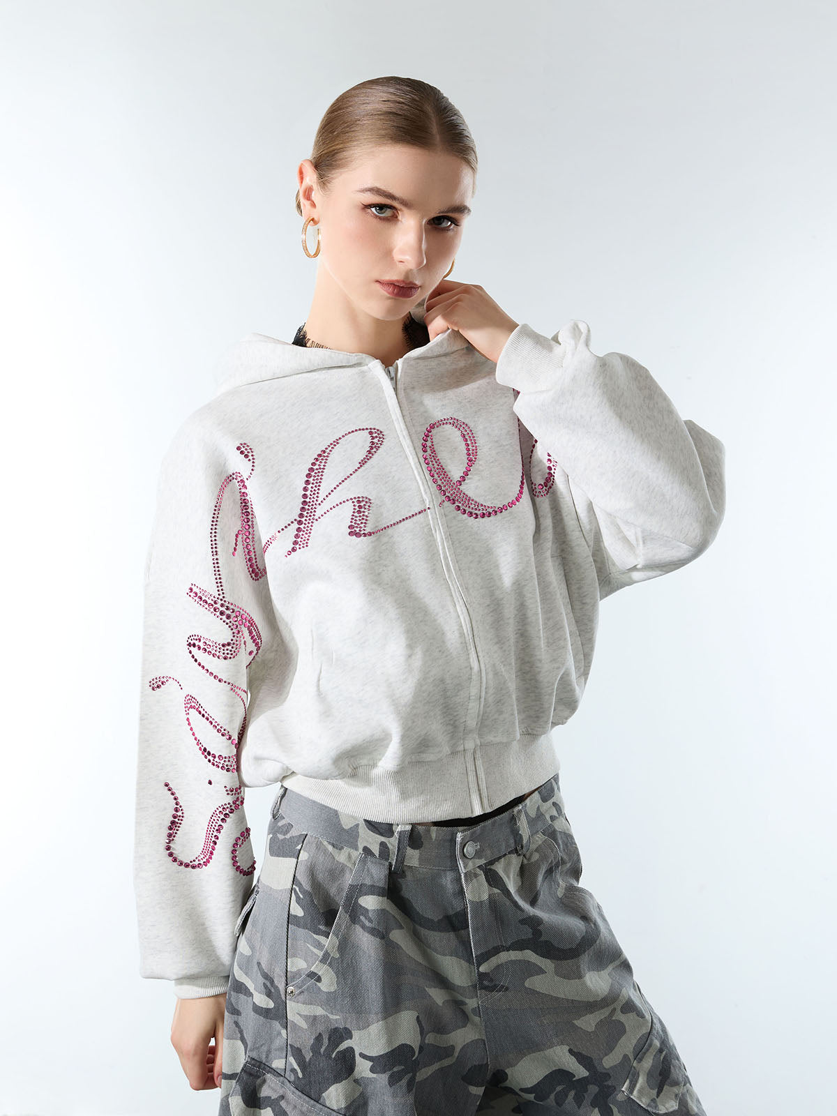 Street Hip-Hop Rhinestone Cropped Zip Up Hoodie 