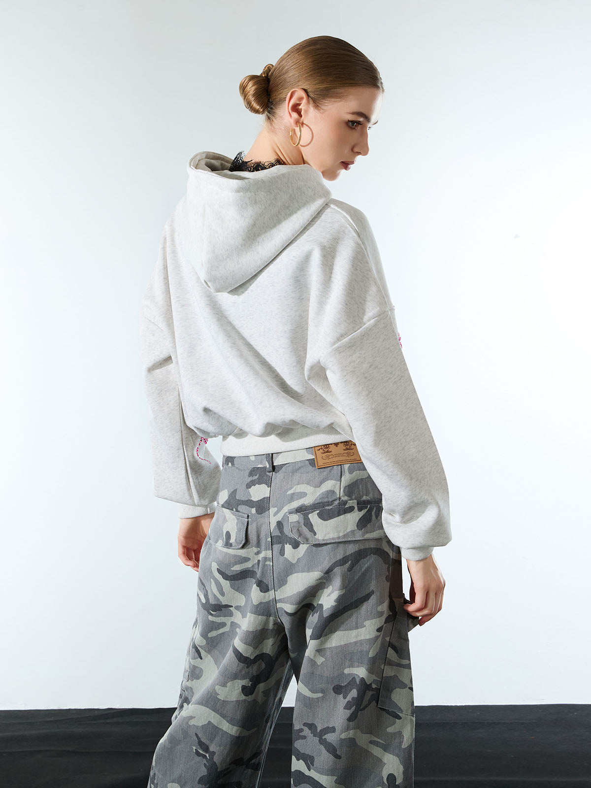 Street Hip-Hop Rhinestone Cropped Zip Up Hoodie 