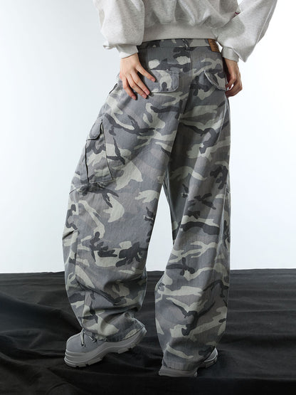 Snow Camouflage Machete Wide-Leg Cargo Barrel Pants - 2548 