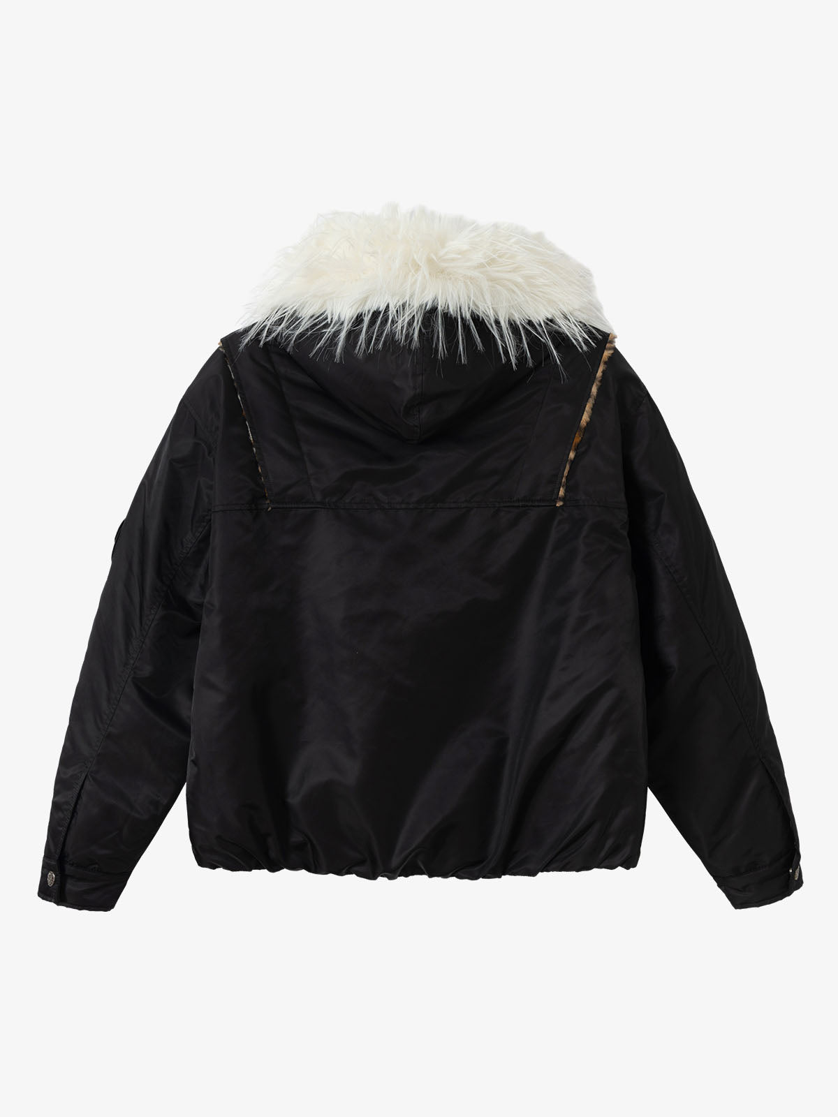 Retro Fur Collar Ruched Leopard Lining Bomber Jacket 