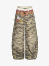 Layered Waist Camo Chain Detail Wide Leg Jeans