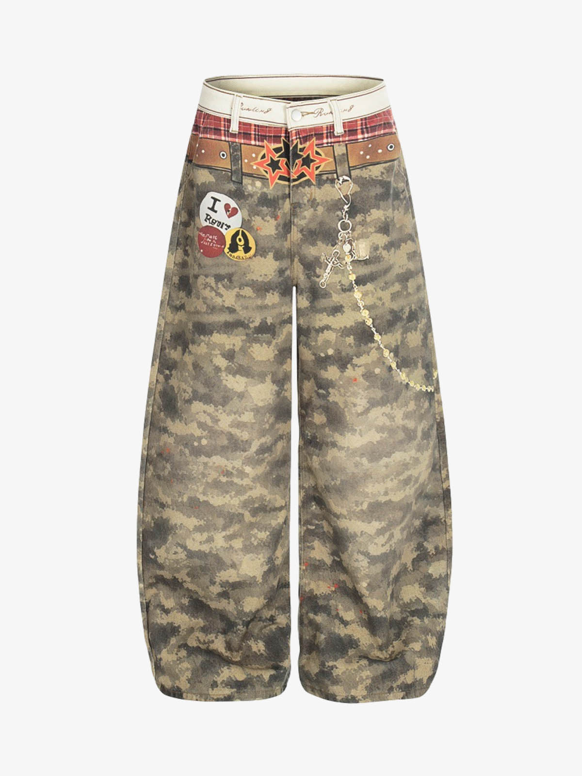 Layered Waist Camo Chain Detail Wide Leg Jeans