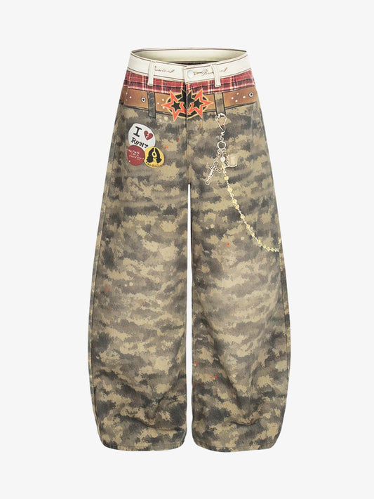 Layered Waist Camo Chain Detail Wide Leg Jeans