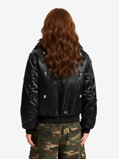 Detachable Faux Fur Collar Glossy Padded Bomber Jacket