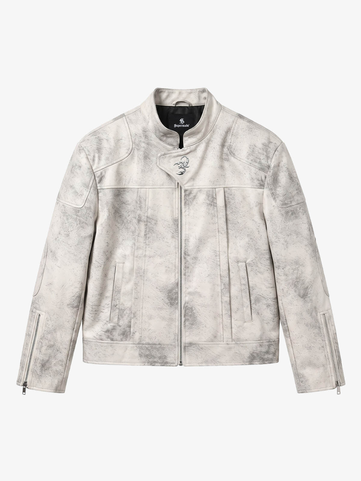 Padded-Shoulder Asymmetric Faux Leather Biker Jacket