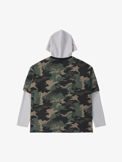 Supermade Camouflage Patchwork Faux Two-Piece Hooded Top 