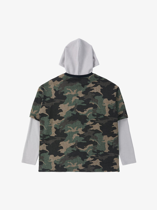 Supermade Camouflage Patchwork Faux Two-Piece Hooded Top 