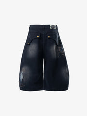 Bestickte Jeansshorts mit Used-Look und ausgefranstem Saum