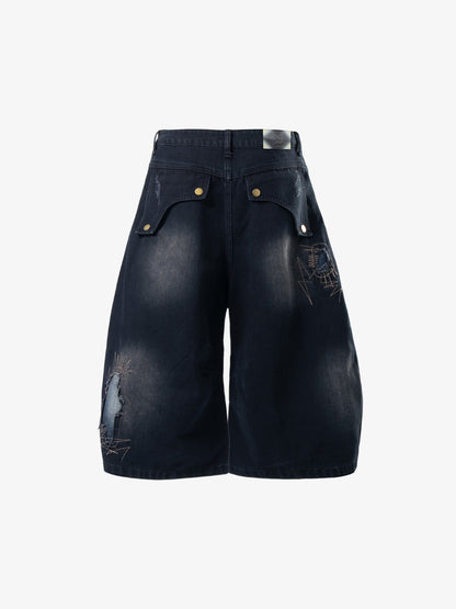 Embroidered Distressed Frayed-Hem Denim Shorts