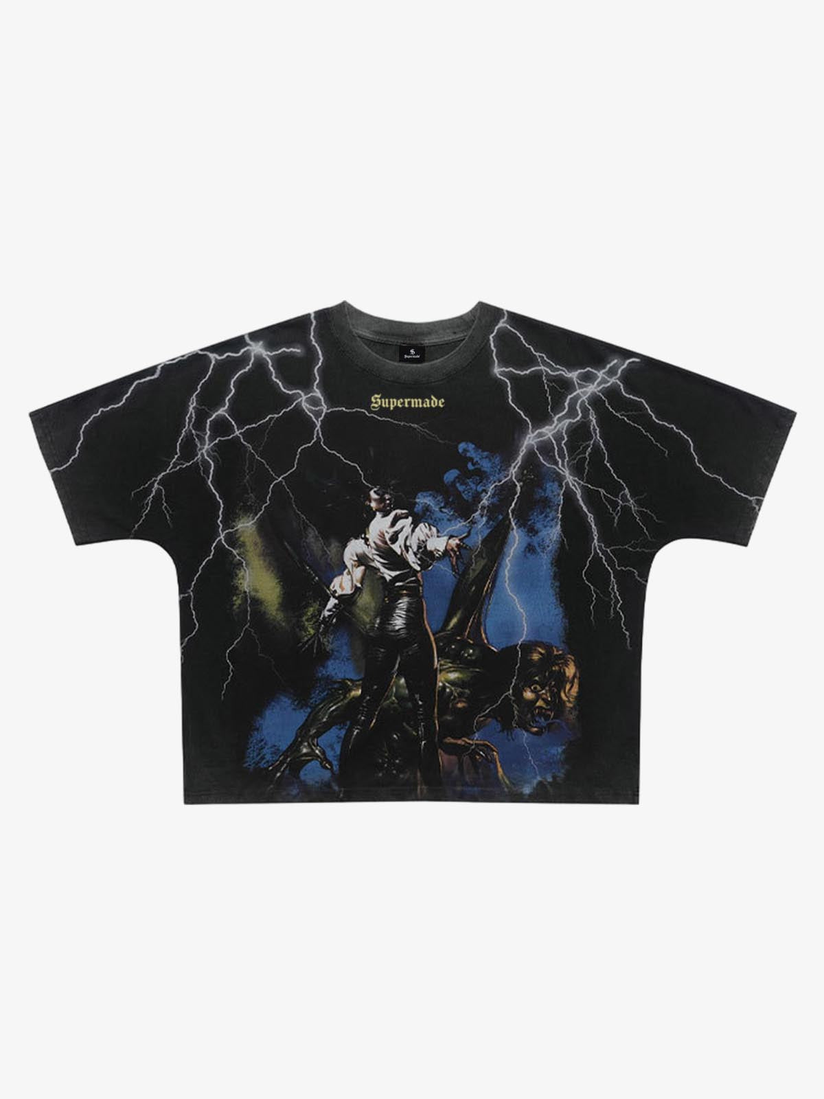 300G Jade Pattern Dyed Cotton T-Shirt with Lightning Graphic Print Oversized Streetwear Tee 