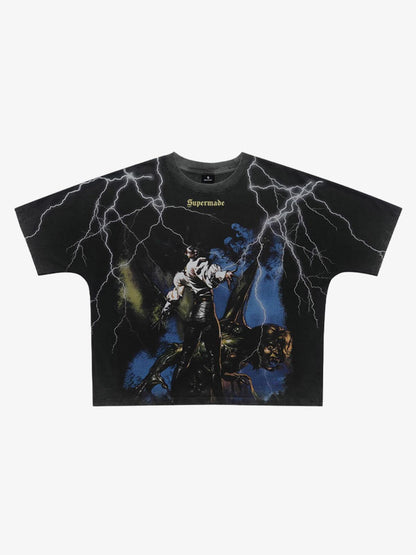 300G Jade Pattern Dyed Cotton T-Shirt with Lightning Graphic Print Oversized Streetwear Tee 