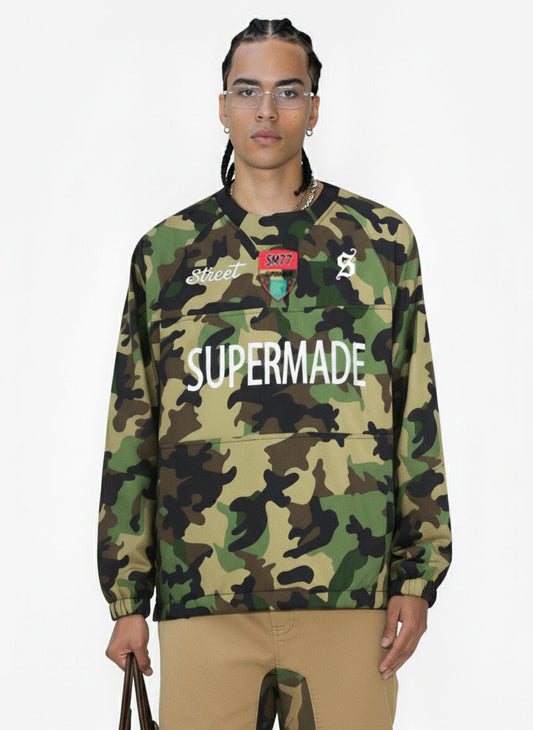 Camo Mesh-Lined Windbreaker with Drawcord Hem Pullover Jacket 