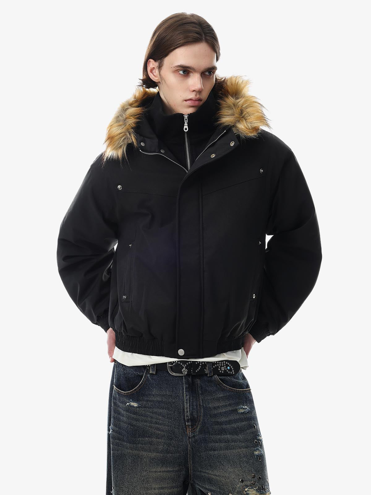Deconstructed Layered Hooded Faux-Fur Collar Puffer Jacket