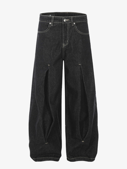 The Supermade Cotton Blend Washed Pleated Wide-leg Jeans With A Scorpion Logo Faux Embroidered Print Design. 