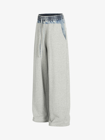 Vintage Wash Denim Waistband Patchwork Sweatpants