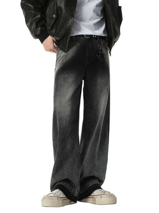 Washed Raw Edge Straight Jeans 