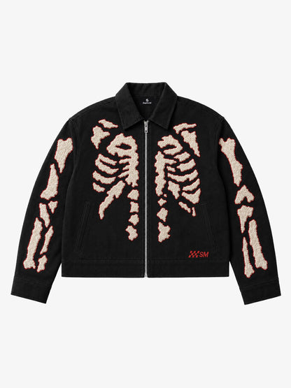 Skull Terry Embroidered Distressed Cropped Work Jacket
