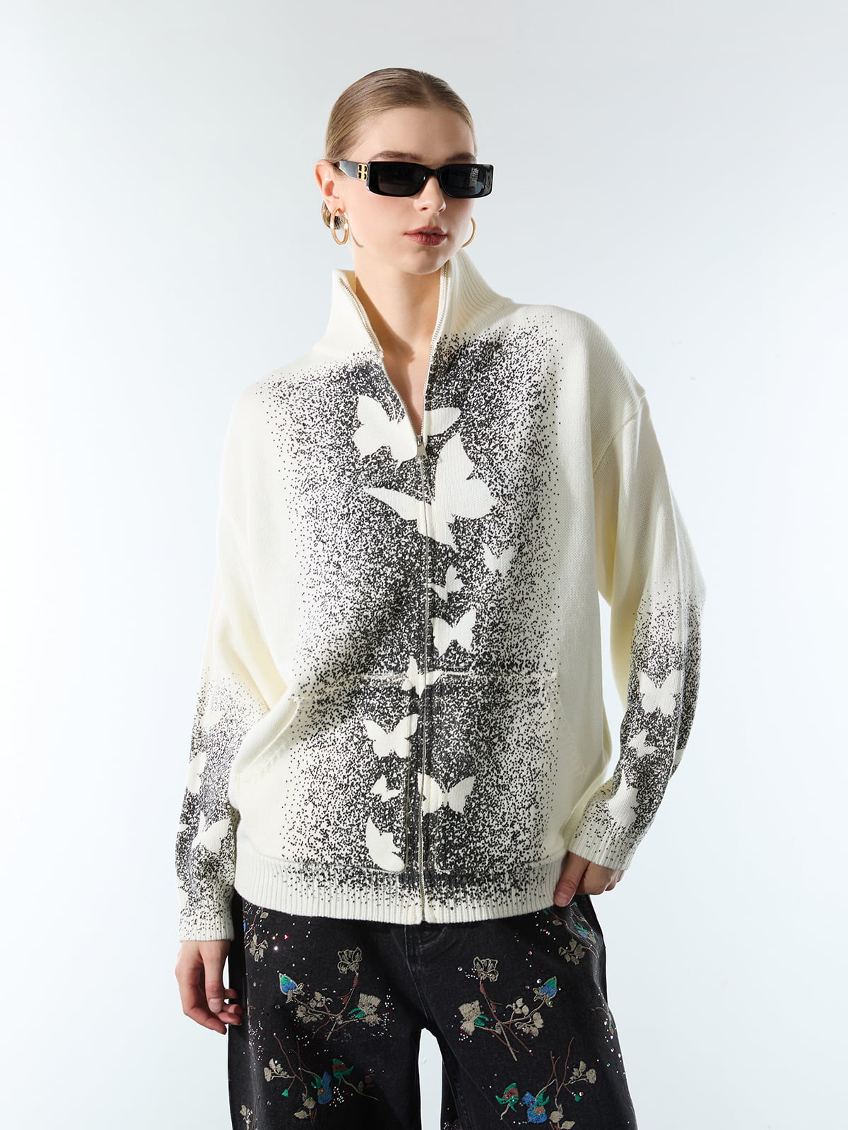 Street Dark Phantom Butterfly Stand-Collar Knit Cardigan Sweater 