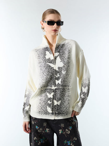 Street Dark Phantom Butterfly Stand-Collar Knit Cardigan Sweater 