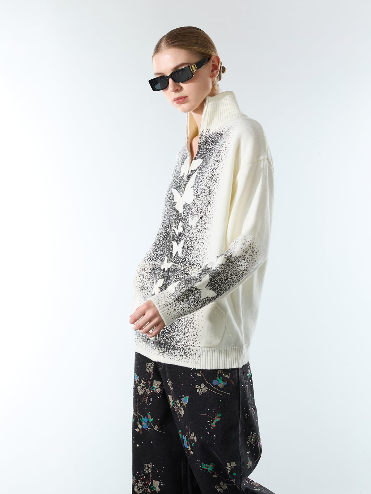 Street Dark Phantom Butterfly Stand-Collar Knit Cardigan Sweater 