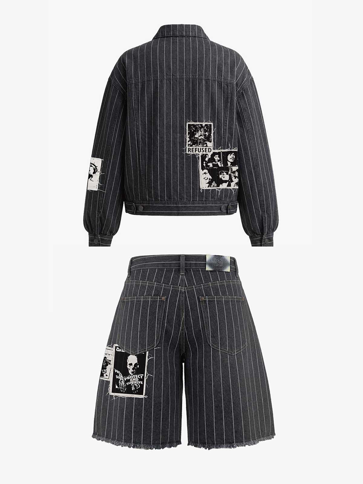 Vintage Pinstripe Patchwork Baggy Denim Set 