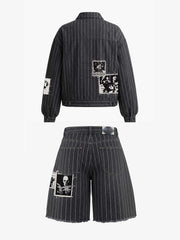 Vintage Pinstripe Patchwork Baggy Denim Set 