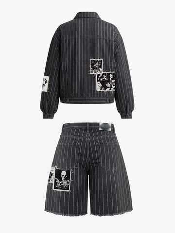 Vintage Pinstripe Patchwork Baggy Denim Set 