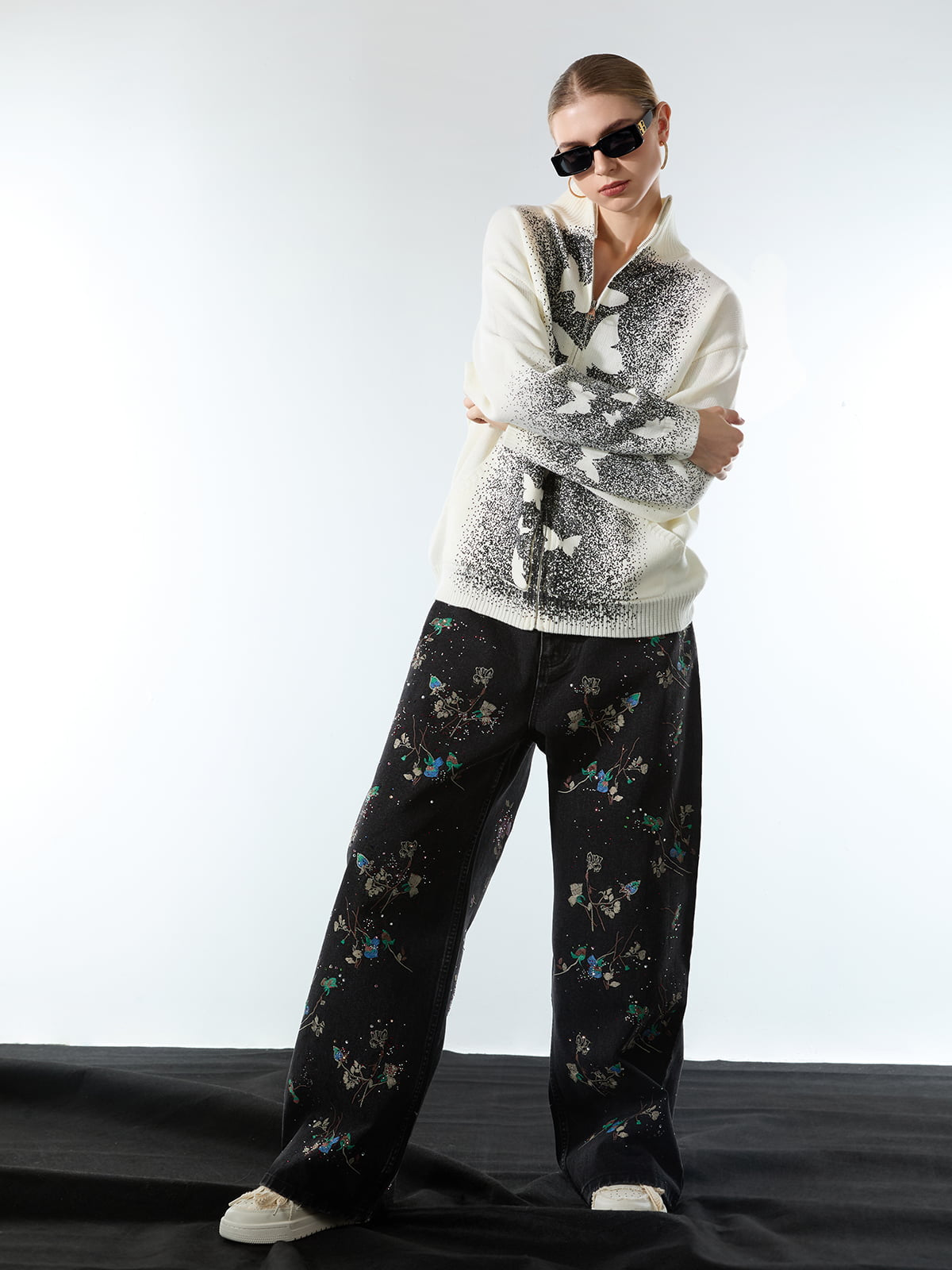 Street Dark Phantom Butterfly Stand-Collar Knit Cardigan Sweater 