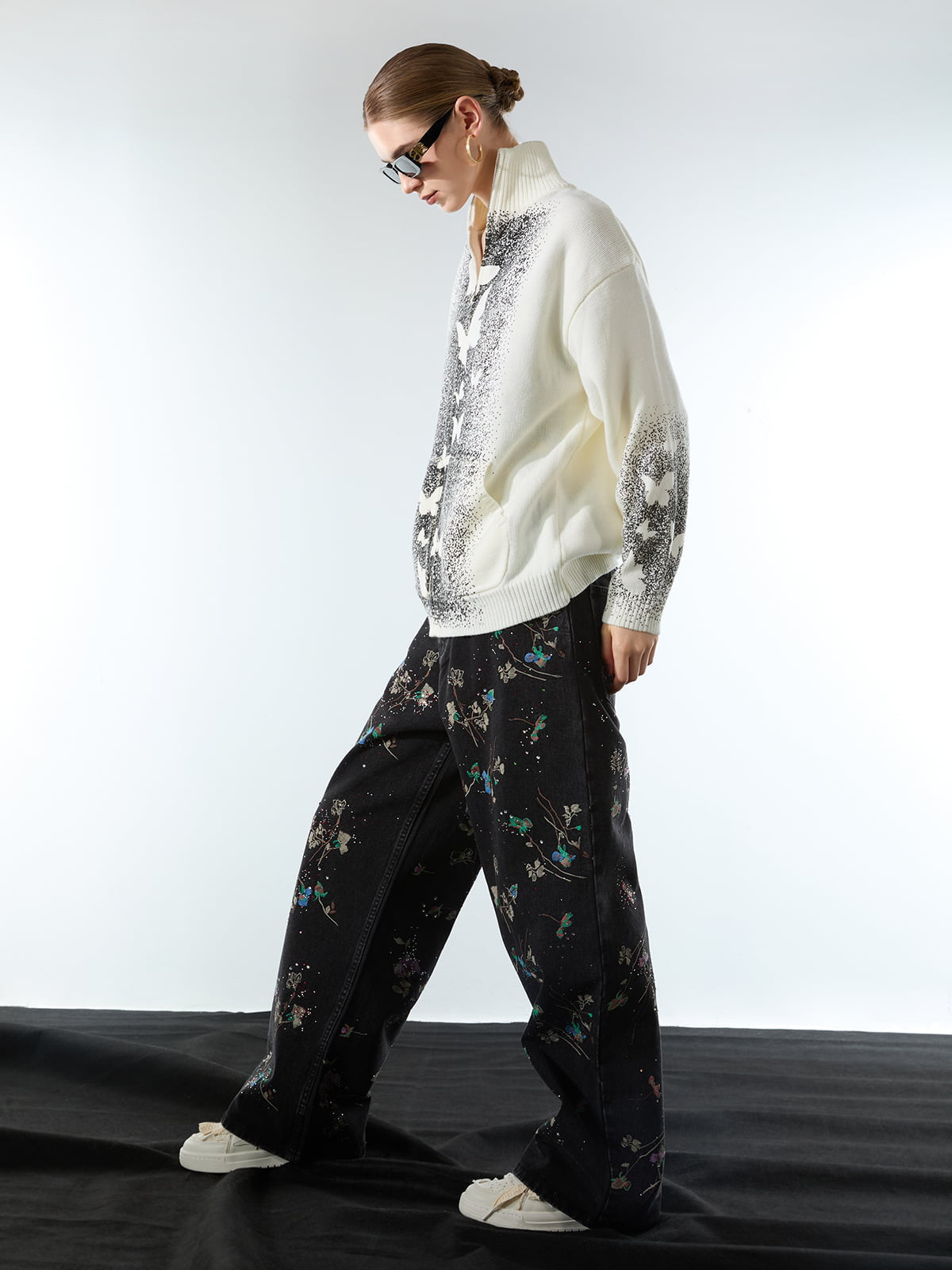 Street Dark Phantom Butterfly Stand-Collar Knit Cardigan Sweater 