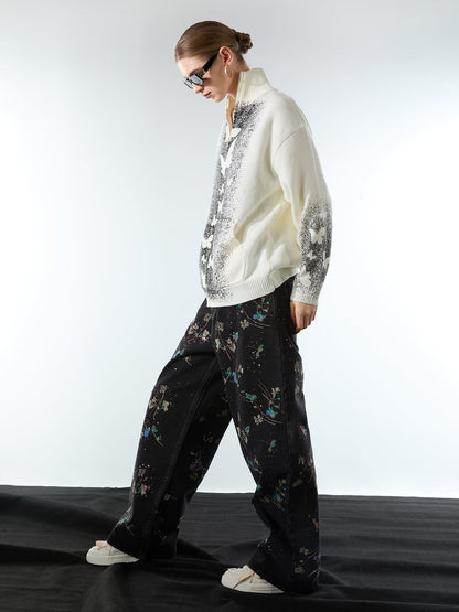 Street Dark Phantom Butterfly Stand-Collar Knit Cardigan Sweater 