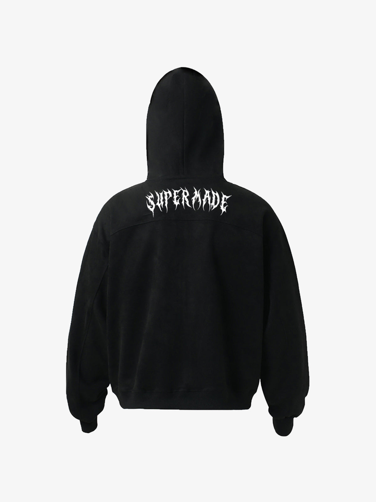 Stylish Black Hooded Zip-Up Jacket with Bold Typography Design 