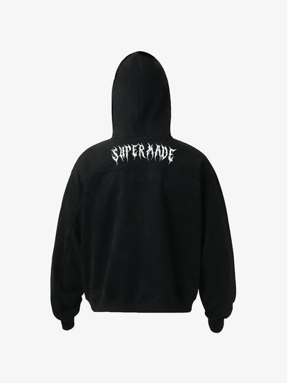 Stylish Black Hooded Zip-Up Jacket with Bold Typography Design 