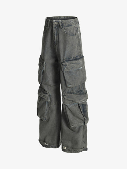 Vintage Washed Ripped Multi-pocket Work Jeans 