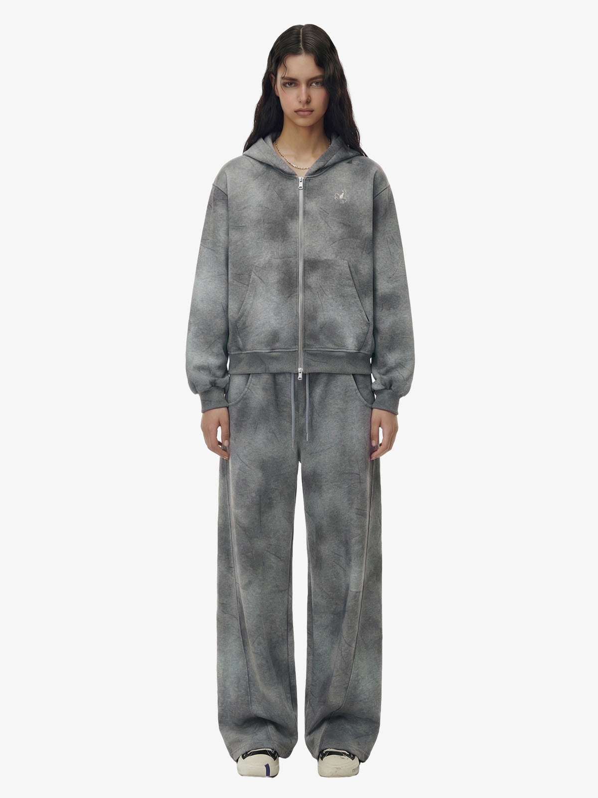 Vintage Washed Tie-Dye Zip Up Hoodie & Barrel Sweatpants Tracksuit 