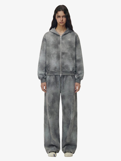 Vintage Washed Tie-Dye Zip Up Hoodie & Barrel Sweatpants Tracksuit 